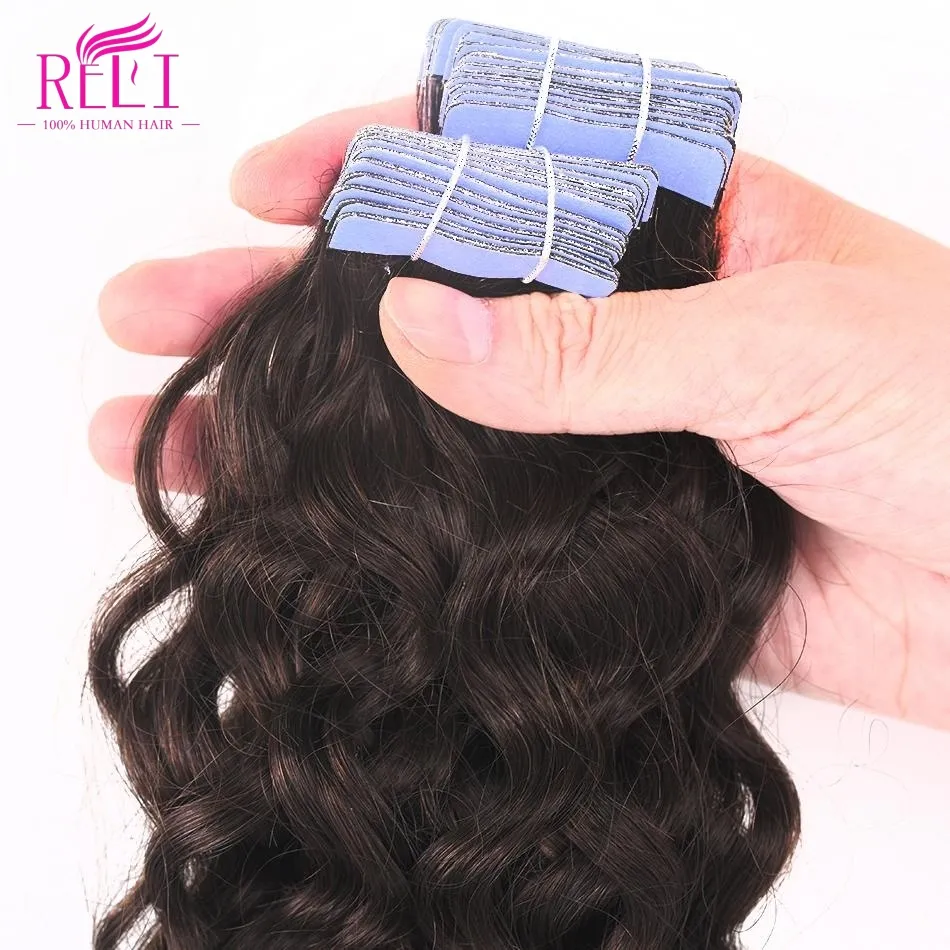 RUILI HAIR Super duplo desenhado onda natural remy extensão do cabelo humano 100% russo fita do cabelo em extensões