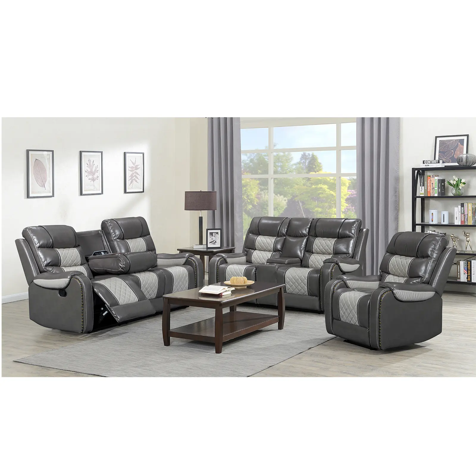 CY Luxury Leather Manual Electric Outlet and Cupholder Home Use Leather Recliner Sofa Set Reclinable for Living Room