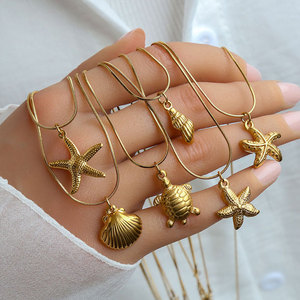 Collares de Moda Hawaiana de Verano, Joyería de Acero Inoxidable 316L, Collar de Conchas Marinas Chapado en Oro de 14k y 18k para Mujer - Product Image 1