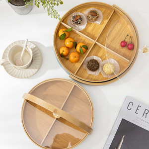 Round <b>Bamboo</b> Fruit Tray With Lid Divided Sections For Tea Time Snacks Home Use - Product Image 1