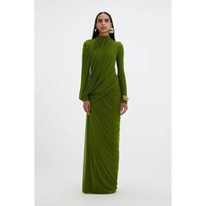 A11575 2026 Abiti Lunghi Casual Verde Ramadan con Pieghe in Rete Elastica, <span class=keywords><strong>Maniche</strong></span> <span class=keywords><strong>Lunghe</strong></span>, Tessuto Lavabile - Product Image 1