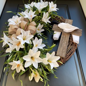 Exquisite Spring <b>Easter</b> Cross Garland Ornament Artificial Lily Plastic Soft Polyester Fabric Decorative <b>Door</b> - Product Image 1