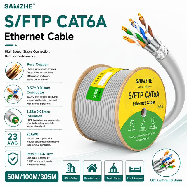 SAMZHE 100M/305M Bulk SFTP Pure Copper 23AWG DSTP CAT6a Ethernet Cable Roll 1000ft PVC CAT6A Double Shielded Network Lan Cable