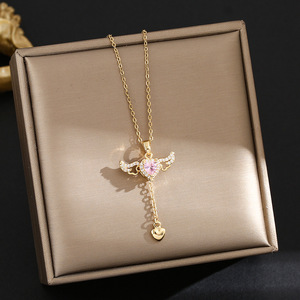 Nuevo collar de borla de corazón de alas angulares de acero inoxidable, colgante de alas pequeñas de cristal, collar de dijes para mujer, joyería - Product Image 2
