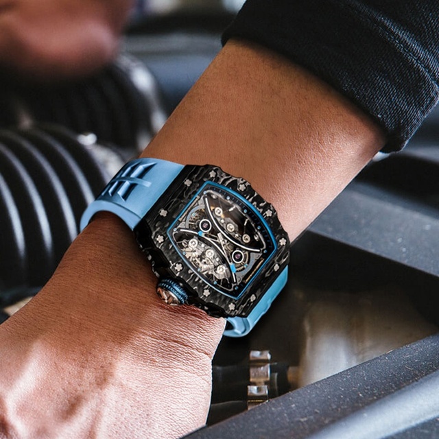 Stock High Quality Japan Movt Sapphire Glass 3d Dial Skeleton Wine Barrel Mechanical Automatic Carbon Fiber Watch case for Man