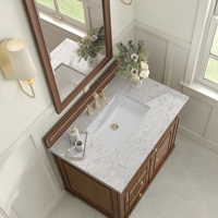 Meuble-lavabo de salle de bain en noyer de style mid-century personnalisé, en bois massif, style classique, avec plan de travail en quartz, lavabo en céramique simple de 36 pouces