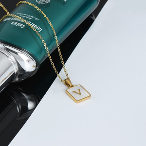 18k PVD Gold Stainless Steel Rectangular <b>Initial</b> Letter Pendant <b>Necklace</b> | White Shell Inlay, Waterproof Jewelry for Women - Product Image 2