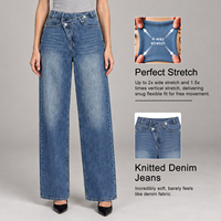 Jean ample taille haute vintage pour femme, coupe large, en denim lavable, avec détail bouton asymétrique, logo personnalisé, style streetwear