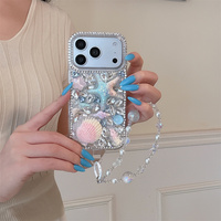 Coque de protection 3D Étoile de mer et Coquillage avec strass pour iPhone 18 17 Pro Max 16 15 14, motif Perle Océan, avec cordon