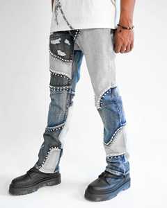 בגדי רחוב לגברים אופנתיים באיכות גבוהה, עיצוב טלאים עם אבני חן ופנינים בצבע אינדיגו בסגנון Y2K, עשויים כותנה דנים. - Product Image 2