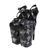 Chaussures de pole dance sexy en PU texture serpent, talon de 20 cm, bout ouvert, lanières extra longues, semelle épaisse, logo personnalisé, vente en gros