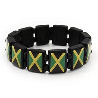Pulsera de Madera Negra de 12*15MM con Hoja de Marihuana en Color Rasta e Ícono de la Bandera de Jamaica