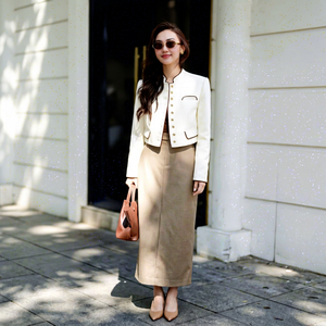Mandarin Collar Solid Worsted Short Blazer Jacket Button Front Woven Outerwear for Office Casual Wear Vietnam Wholesale B8084 - Product Image 1