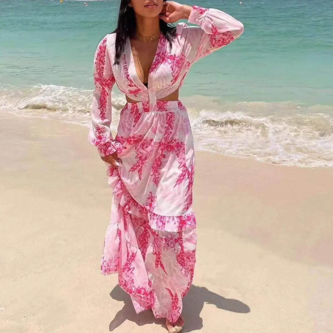 summer beach dress long sleeve crop top and maxi skirt set beach cover up long dress v neck high waist beachwear dresses