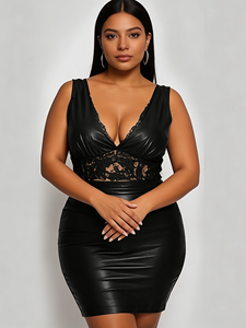 Vestido Mini Ajustado de Piel Sintética Negra para Mujer Talla Grande - Vestido Sexy de Verano sin Mangas con Cuello en V Profundo y Ribete de Encaje para Fiesta - Product Image 3