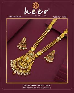 Conjunto de collar largo de oro nupcial con colgante de diseño de templo intrincado y pendientes Jhumka tradicionales, joyería de boda - Product Image 3