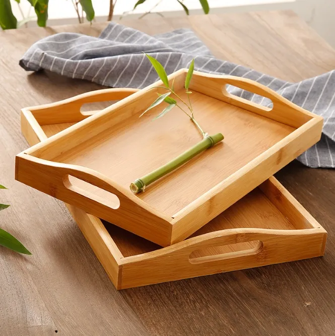 Taşınabilir yatak kahvaltı akşam yemeği doğal bambu servis tepsisi stilize kolları ile