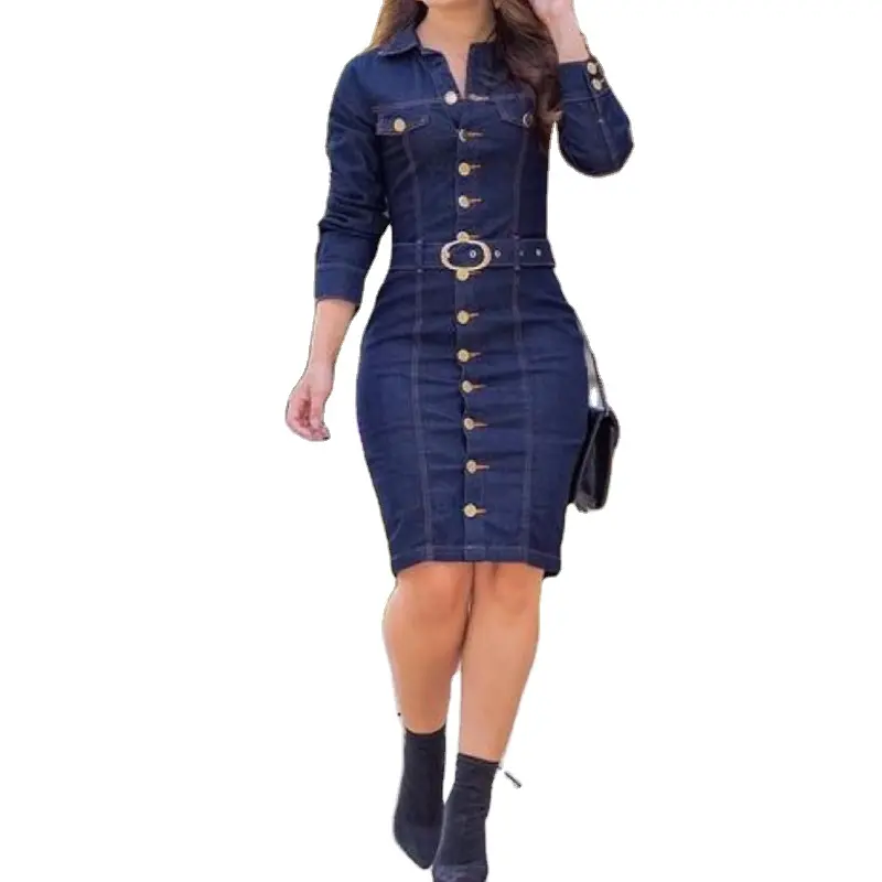 European and American style sexy fashion multi button decorative lapel single breasted long slim fit long sleeved denim dress