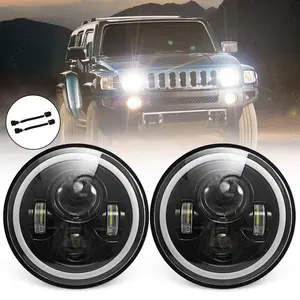 Bevinsee Vòng Hào Quang Mắt Thiên Thần LED 2X7 Inch Đèn Pha Chiếu Sáng Chùm Cao/Thấp Cho Xe Jeep Wrangler II TJ 1997-2017