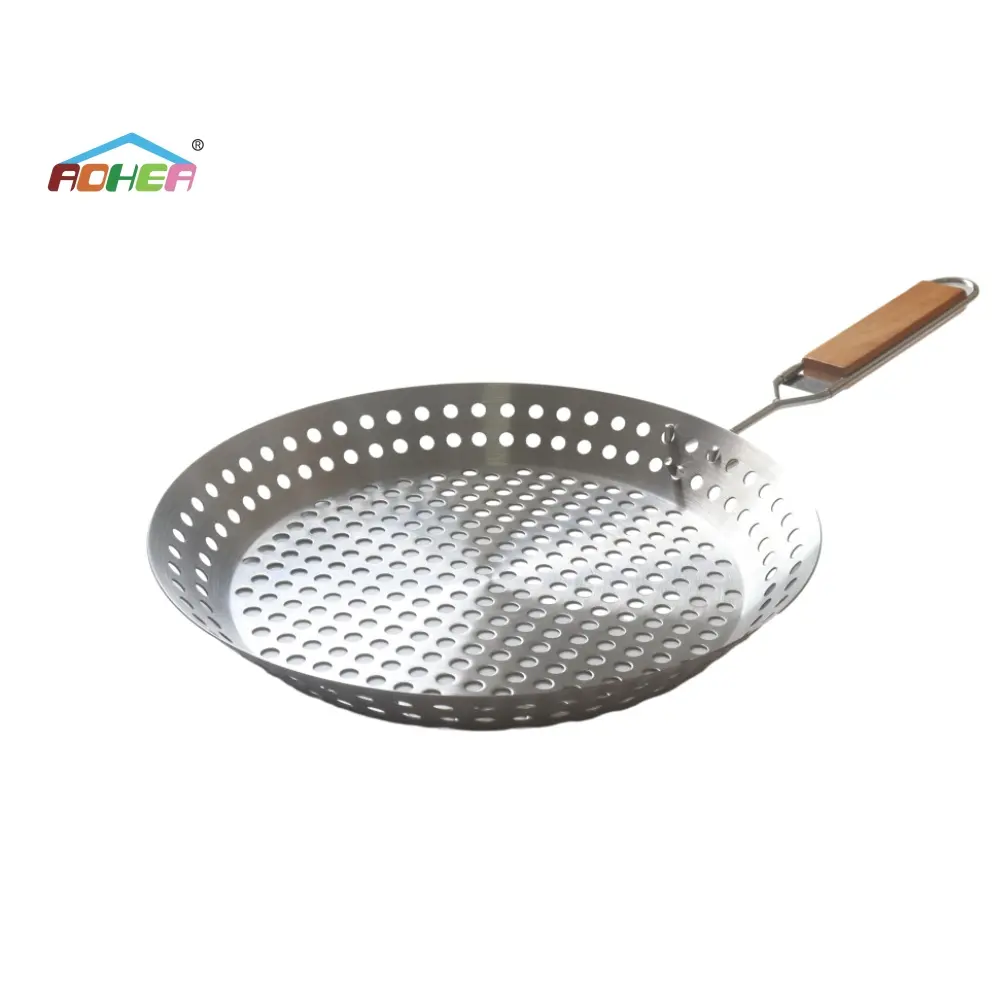 Aohea High quality folding BBQ barbecue plate circular non stick stainless steel BBQ barbecue basket baking pan