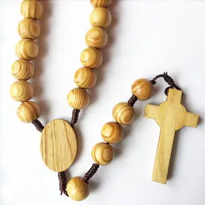 도매 올리브/소나무 비즈 코드 묵주 목걸이, 라운드 올리브 나무 비즈 종교 가톨릭 묵주 크로스