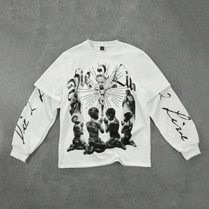 เสื้อยืดคอตตอนผู้ชายไซส์ใหญ่สั่งทำขายส่ง สีขาว แขนยาวสองชั้น พิมพ์ลายซิลค์สกรีน เสื้อยืดทรงหลวม - Product Image 1