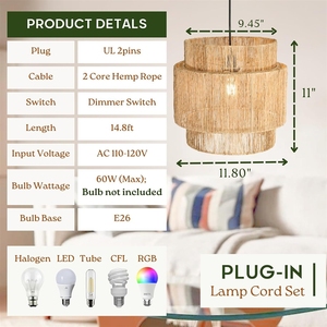 <span class=keywords><strong>Paralume</strong></span> per Lampadario in <span class=keywords><strong>Corda</strong></span> di Carta Intrecciata Artificiale E26 con Lampadina a Tre Tonalità, Filo Intrecciato, Fornitura Esclusiva di Illuminazione F - Product Image 3