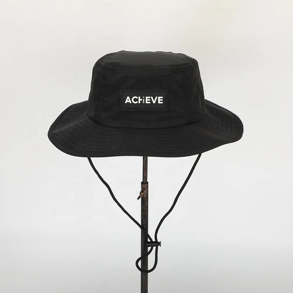 Wholesale Custom Rubber Logo Quick Dry Black Polyester Safari Gorras,Sun Shade Beach Cap,Fisherman Wide Brim String Bucket Hat