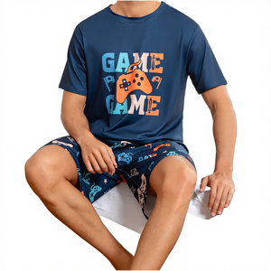 Pijama de Manga Corta para Hombre, Talla Grande, Otoño e Invierno, 150g, Algodón Tejido, Estampado Digital, Cuello Redondo, Ropa de Dormir Informal - Product Image 4