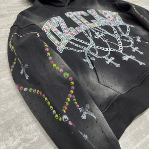 Graphic Hoodie with Screen Print Heavyweight French Terry Acid Wash Hoodie Custom Streetwear Oversized Rhinestone Hoodie Men - Product Image 5