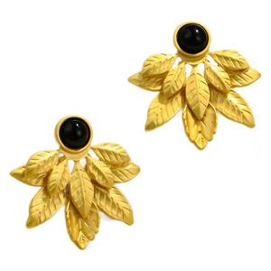 Leaf <b>Stud</b> <b>Earrings</b> Gold <b>Black</b> Gemstone Zinc Alloy Bezel Setting Plant Design Fashion Jewelry - Product Image 5