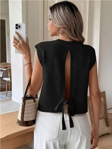 Gilet en maille dos nu pour femme, été 2026, sans manches, col rond noir, à nouer dans le dos, respirant, 100 % polyester 180g, décontracté, usage quotidien - Product Image 6