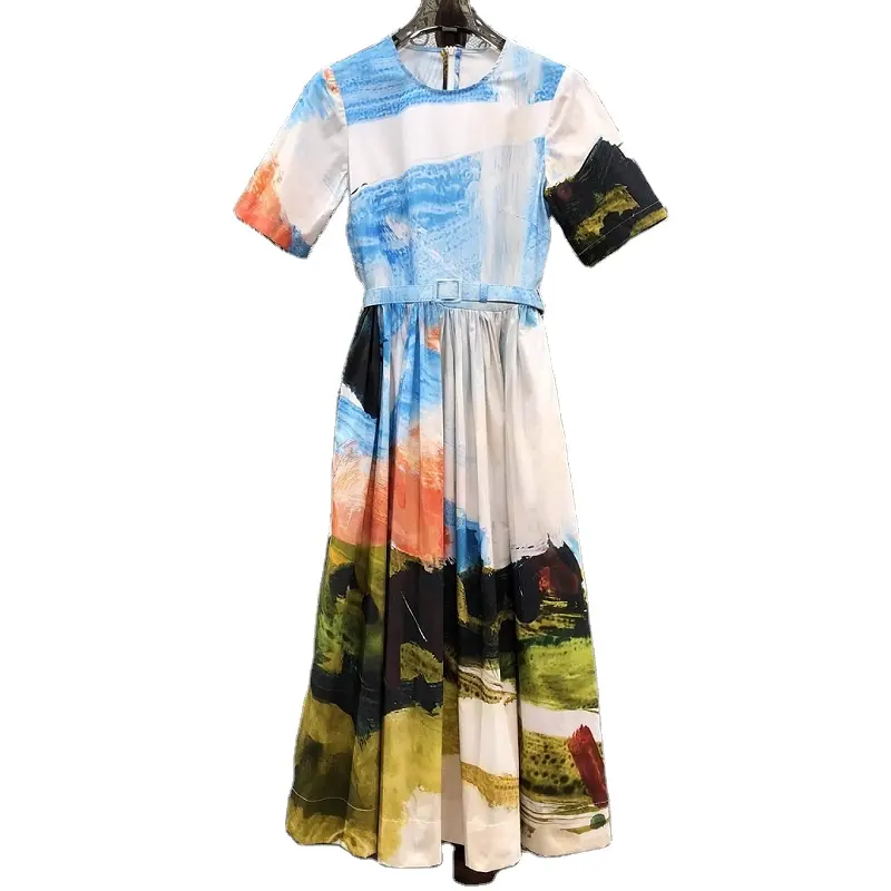 100% कॉटन ड्रेस 2024 ग्रीष्मकालीन फैशन ड्रेस लक्जरी कपड़े महिलाओं के लिए विंटेज ऑयल पेंटिंग प्रिंट बेल्ट वाली छोटी आस्तीन वाली मिड-काफ ड्रेस