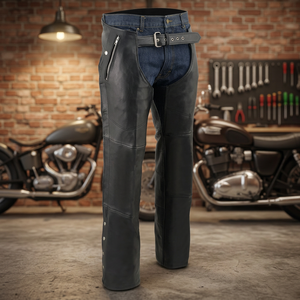 Mens <b>Black</b> <b>Leather</b> Windproof Motorcycle Chaps for Adults - Product Image 3