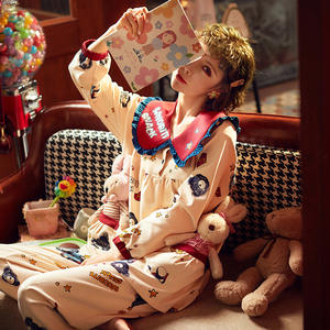 Spring and Autumn Cotton Pajamas Women's Long Sleeve Thin Two-Piece Set Lace Large Lapel Knitted Fairy Home <strong>Clothing</strong> OEM - Product Image 1