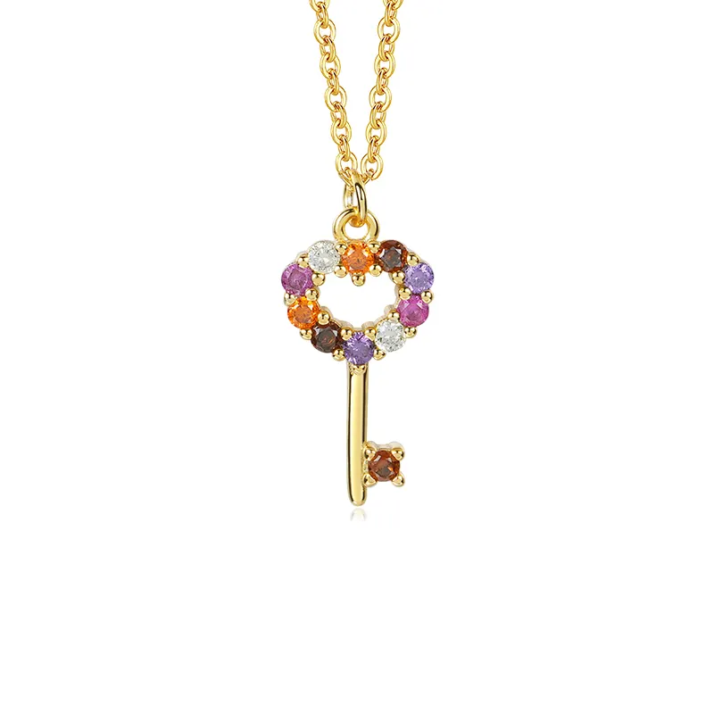 Trending Colorful Stone Jewelry 18 k gold plated Sterling Silver Multi color zircon Key Pendant Necklace women