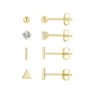 Lot de 4 boucles d'oreilles mini géométriques en argent sterling S925, style Ins, avec diamants à quatre griffes, triangles et rondes, pour usage quotidien - Product Image 1