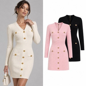 Robe de soirée moulante sexy à manches longues pour femme, en tricot, col en V, unie, boutonnée, anti-rides, style décontracté d'été - Product Image 4