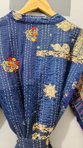 <b>Women</b> Full Length Embroidered Patchwork Quilted <b>Kimono</b> Robe Three Quarter Sleeve V-neck Soft Woven Vintage Style Autumn Wear - Product Image 5