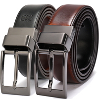 Sabuk Kulit Pria Desain 3.2CM Warna Cognac dan Hitam, Sabuk Kulit Asli Bolak-Balik untuk Pria dengan Gesper Putar
