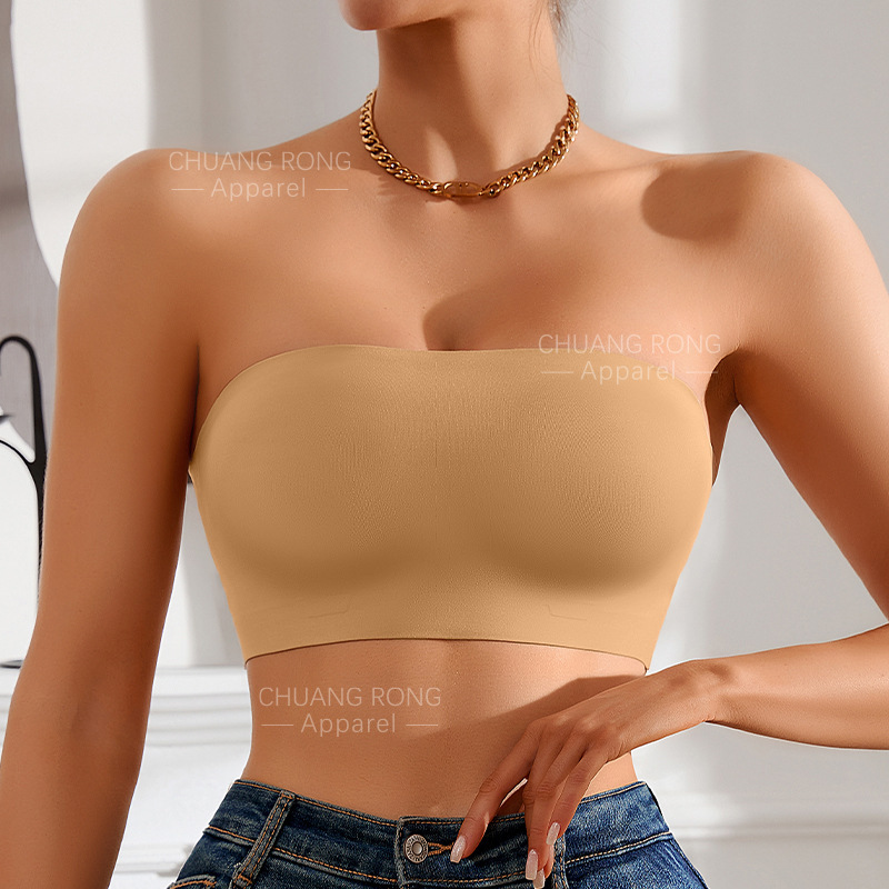 European American Women's Seamless Back Bra Thin Wire-Free Non-Slip Anti-Drop One-Piece Fixed Cup Strapless Design High Support