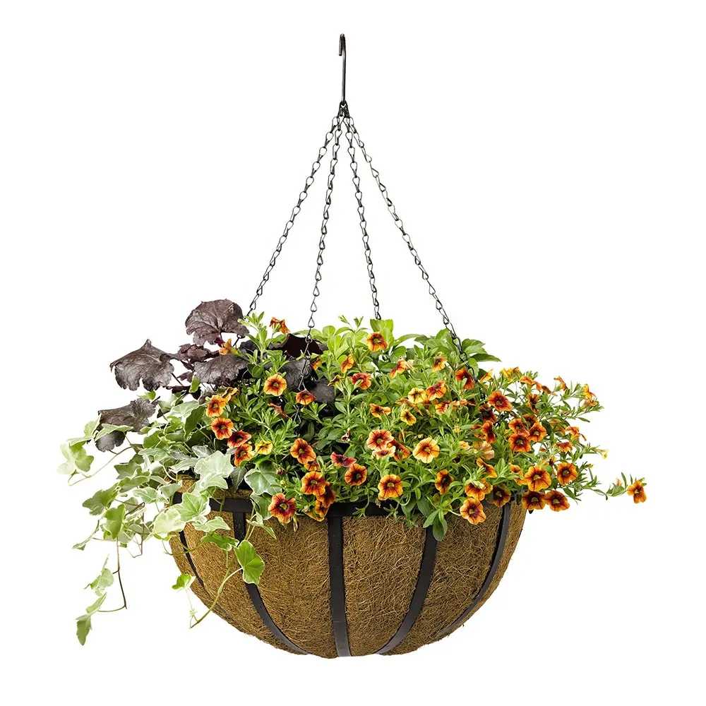 Metal Pendurado Plantador Cesta Fio Redondo Planta Titular Pots Hanger Ferro com Cadeia Varch Decoração Flor com Coco Coir Liner 14 Polegada