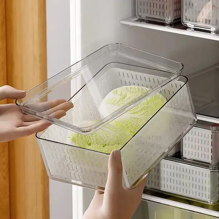 Caixa de armazenamento transparente de plástico, geladeira, frutas, vegetais, alimentos, dreno, caixa fresco, empilhável, para geladeira
