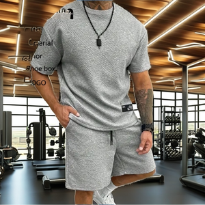 Conjunto Deportivo de Dos Piezas para Hombre, Camiseta de Cuello Redondo Corta Informal de Punto a la Moda, con Logotipo Personalizado Estampado en Color Sólido - Product Image 2