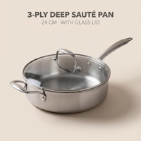 Poêle à frire profonde en acier inoxydable 3 plis de 24 cm avec couvercle en verre, compatible induction, pour la maison et la restauration (vente en gros)