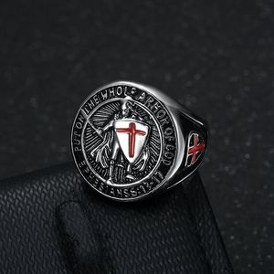Anillo de Caballero Templario Estilo Hiphop, Acero Inoxidable Chapado en Oro, Cruz Roja, Anillo para Hombre, Joyería Vintage de Cruzado - Product Image 3