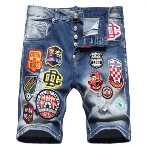 LILUO Men Customize Jeans Sketch Ripped Short Jeans Hot Sell Short Jeans Embroider Patch Denim Casual Straight 12oz Fabric Woven