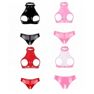 <span class=keywords><strong>Lingerie</strong></span> da donna Sexy aspetto bagnato in pelle verniciata con cavezza aperta seno senza schienale biancheria intima con slip a cavallo aperto per Club - Product Image 1