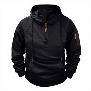 <b>Men</b> <b>Black</b> Quarter Zip Hoodie Raglan Sleeve Knitted Polyester Breathable Casual Autumn Wear Front Pocket Design Regular Fit - Product Image 1