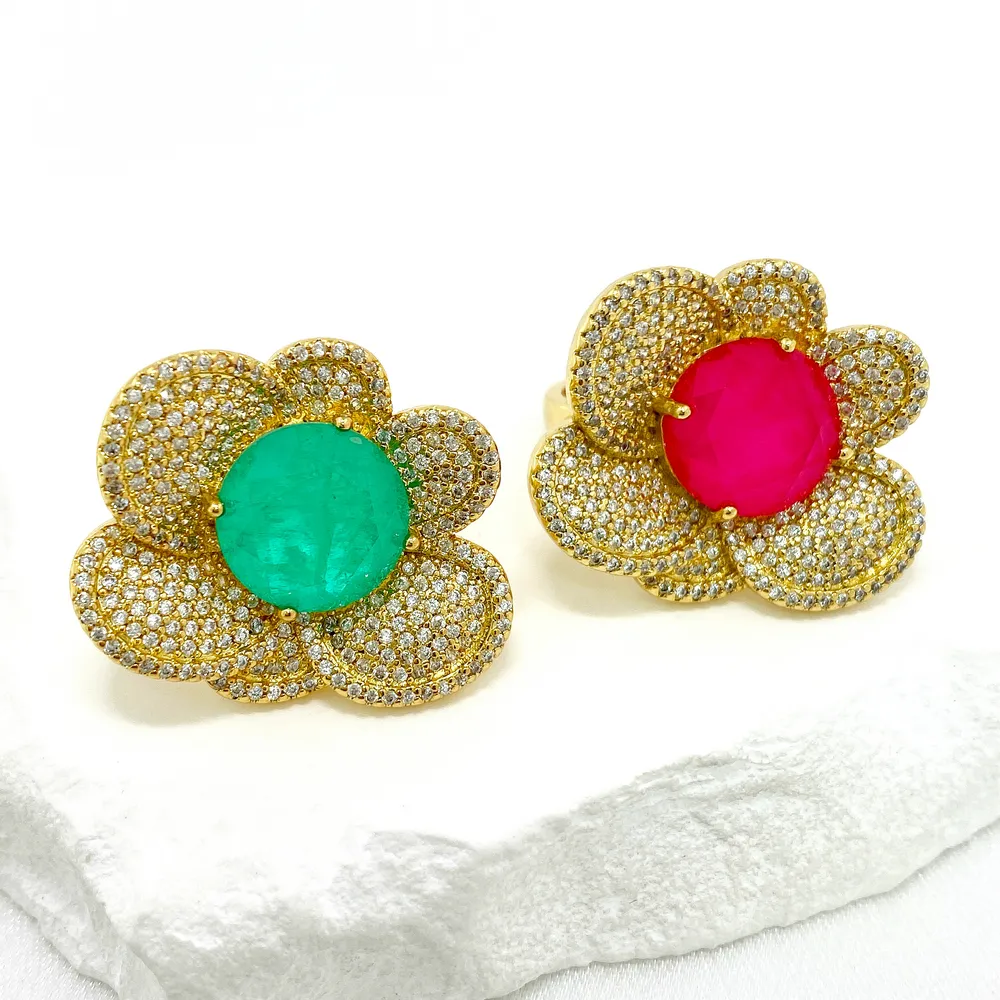 Conjunto de joias com pingente de anel aberto ajustável em forma de flor grande verde rosa pedra pavimentada zircão cúbico